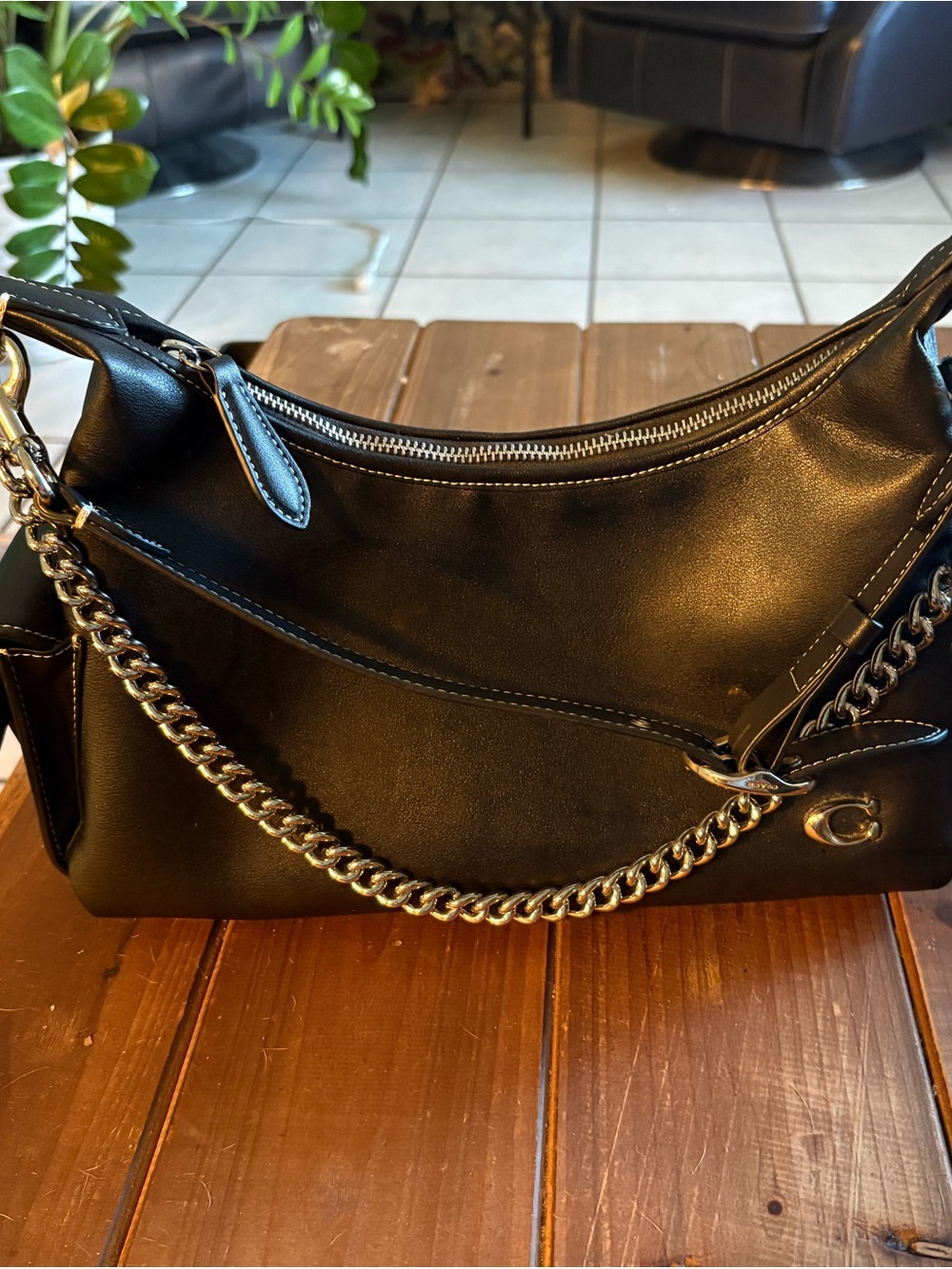 Coach Juliette Black Leather Shoulder Bag with Chain Detail - Picture 10 of 11